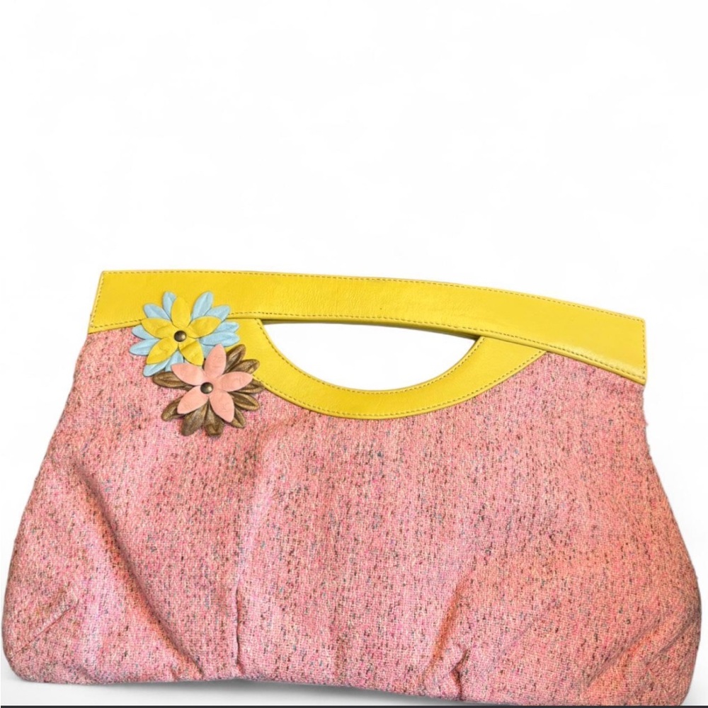 VTG Paint The Lily Tweed Leather Floral Appliqué Pastel Whimsy Clutch Pink